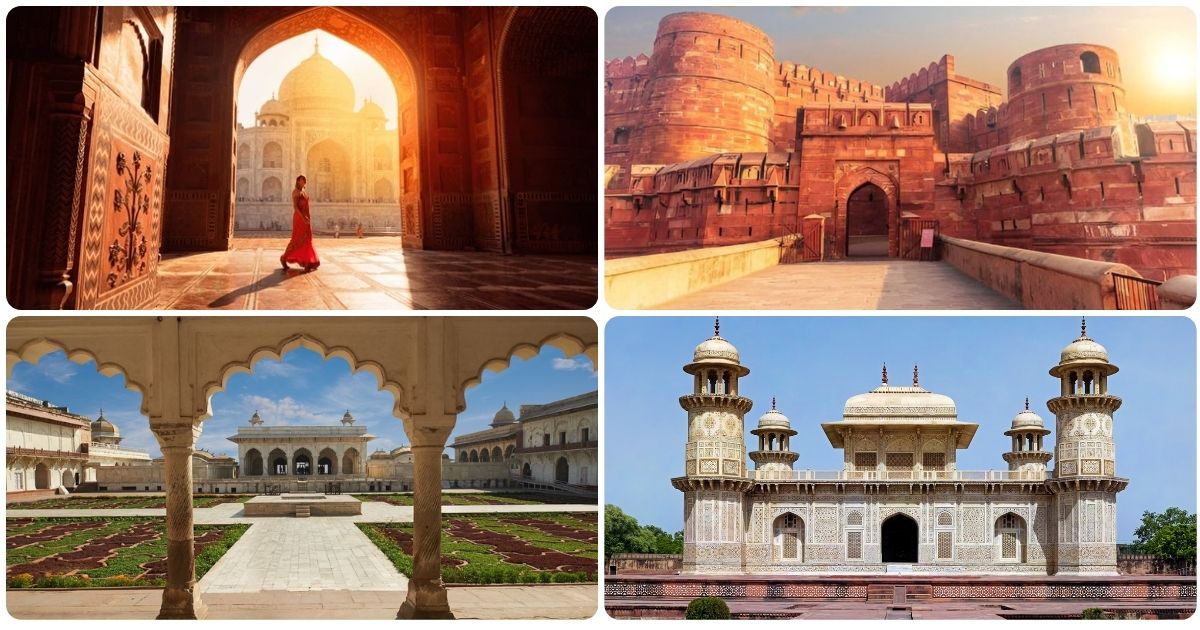 famous Agra attractions including the Taj Mahal, Agra Fort, Itimad-ud-Daulah, and Mughal architecture