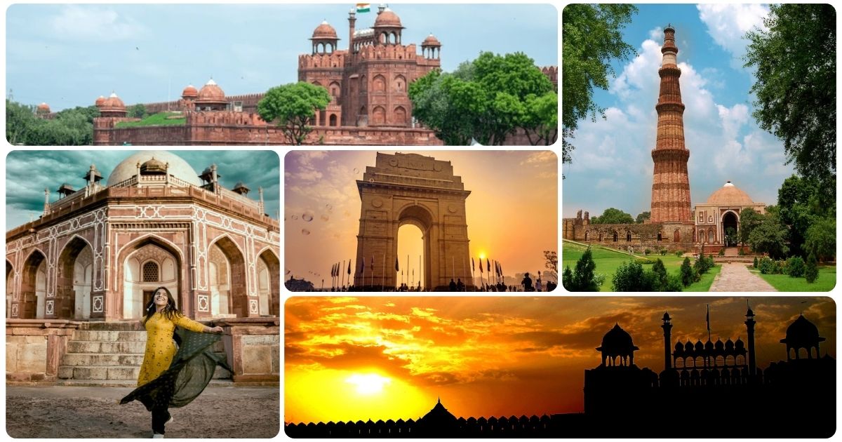 Delhi heritage landmarks including Red Fort, Qutub Minar, India Gate and Humayun’s Tomb showcasing historical architecture
