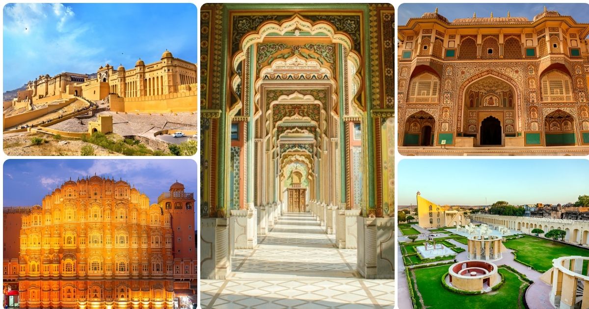 Jaipur landmarks including Hawa Mahal, Amer Fort, Patrika Gate and Jantar Mantar showcasing Rajasthan’s architectural beauty
