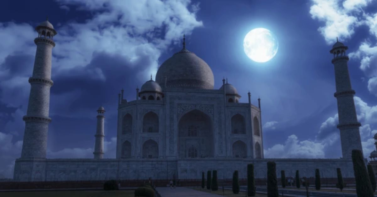 A night view of the Taj Mahal illuminated under a bright full moon, with glowing marble, dramatic clouds, and a calm, peaceful atmosphere.