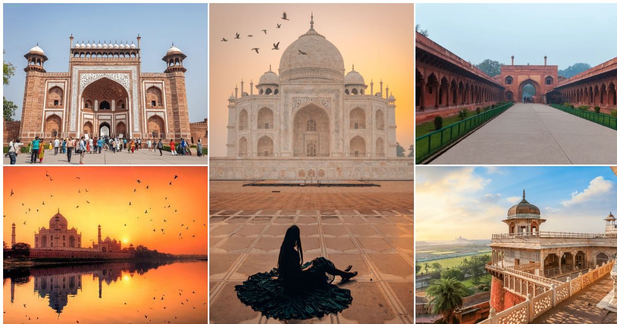 Photos of Taj Mahal entrances, viewpoints, and visiting areas showing real situations where travelers should know how to avoid common tourist scams.
