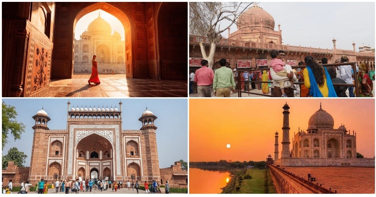Crowds at the Taj Mahal entrance and various viewing points, showing practical examples of how to avoid common tourist scams during popular India visits.
