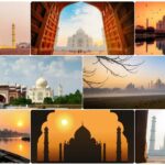 Taj Mahal Tour Add-one at Sunrise, Sunset, – Timeless Views Beautiful collage showing the Taj Mahal Tour Add-one at sunrise, sunset, misty morning, and evening views from different viewpoints in Agra.