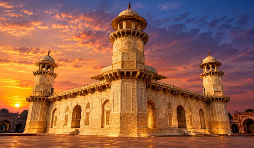 Ornate Mughal-style marble monument illuminated by the evening sun