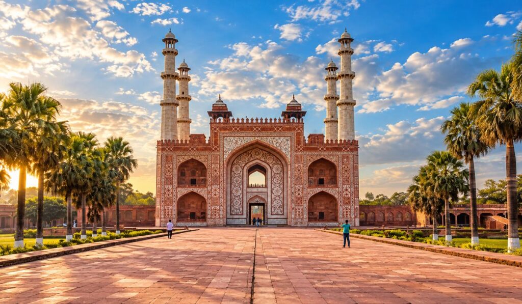 Ornate red sandstone gateway with slender minarets at Akbar's Tomb in Sikandra