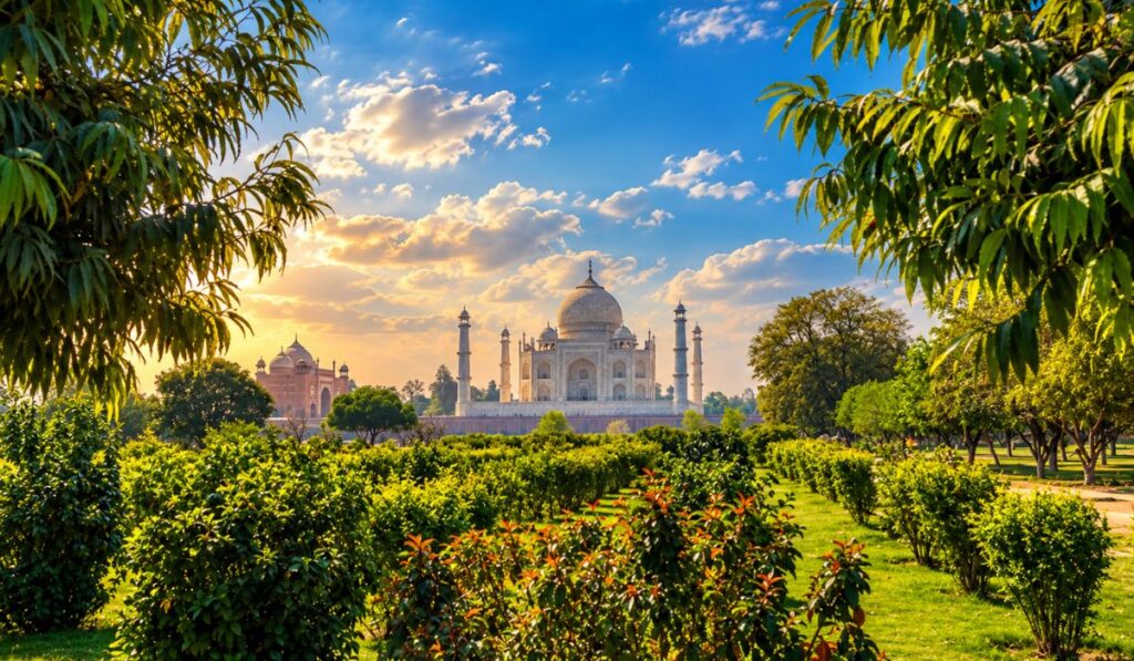 Taj Mahal visible beyond green garden hedges and trees in Agra